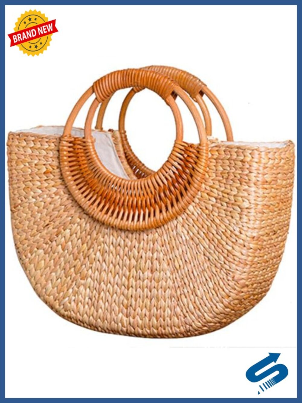 Handwoven Straw Tote Bag Rattan Summer Beach Purse with Wood Top Handle